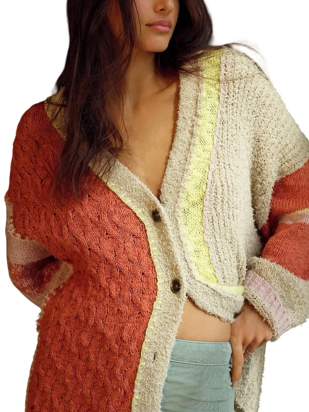 🥥🍊🌺 Free People LIGHTHOUSE cardigan/sweater in Clay Combo NWT 🌺🍊🥥 - Picture 3 of 8